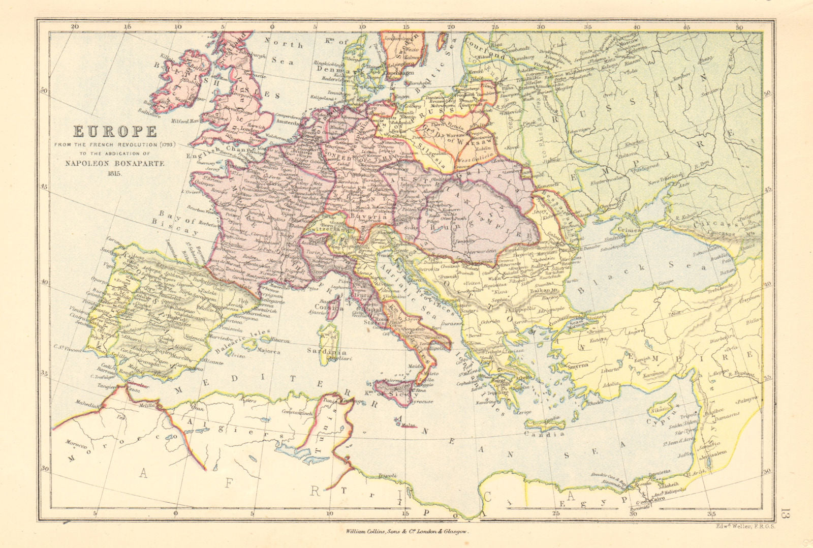 NAPOLEONIC EUROPE. French Revolution 1793- Bonaparte's abdication 1815 1876 map